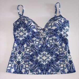Bleu By Rod Beattie Blue White Paisley Tankini Swim Top Size 10 Criss Cross